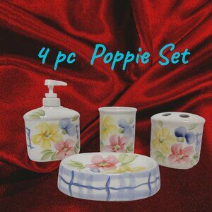 4 pc Hand Decorated Soap Dispenser Toothbrush holder cup & Soap Dish Taiwan